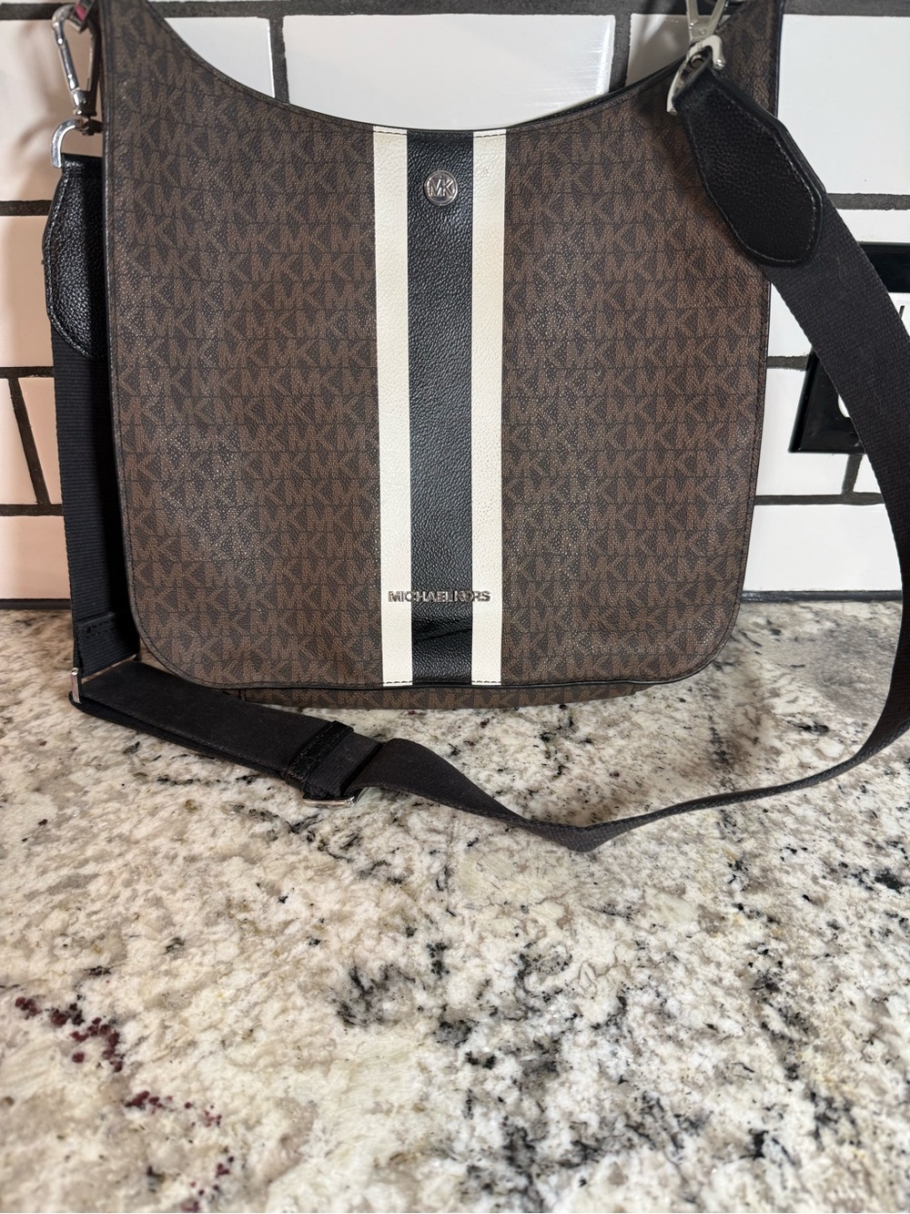 Michael Kors Brown Logo Messenger Bag with Black and White Stripes